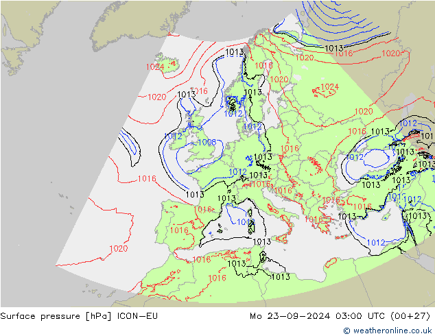 Surface pressure ICON-EU Mo 23.09.2024 03 UTC