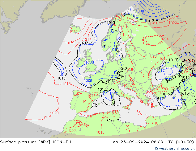 Surface pressure ICON-EU Mo 23.09.2024 06 UTC