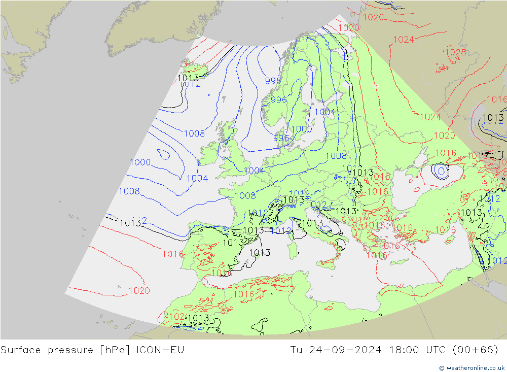 pressão do solo ICON-EU Ter 24.09.2024 18 UTC