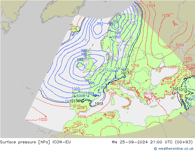 Pressione al suolo ICON-EU mer 25.09.2024 21 UTC