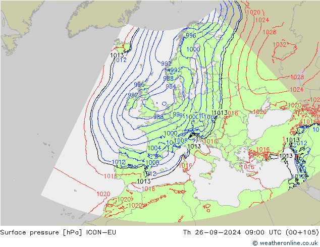 Surface pressure ICON-EU Th 26.09.2024 09 UTC