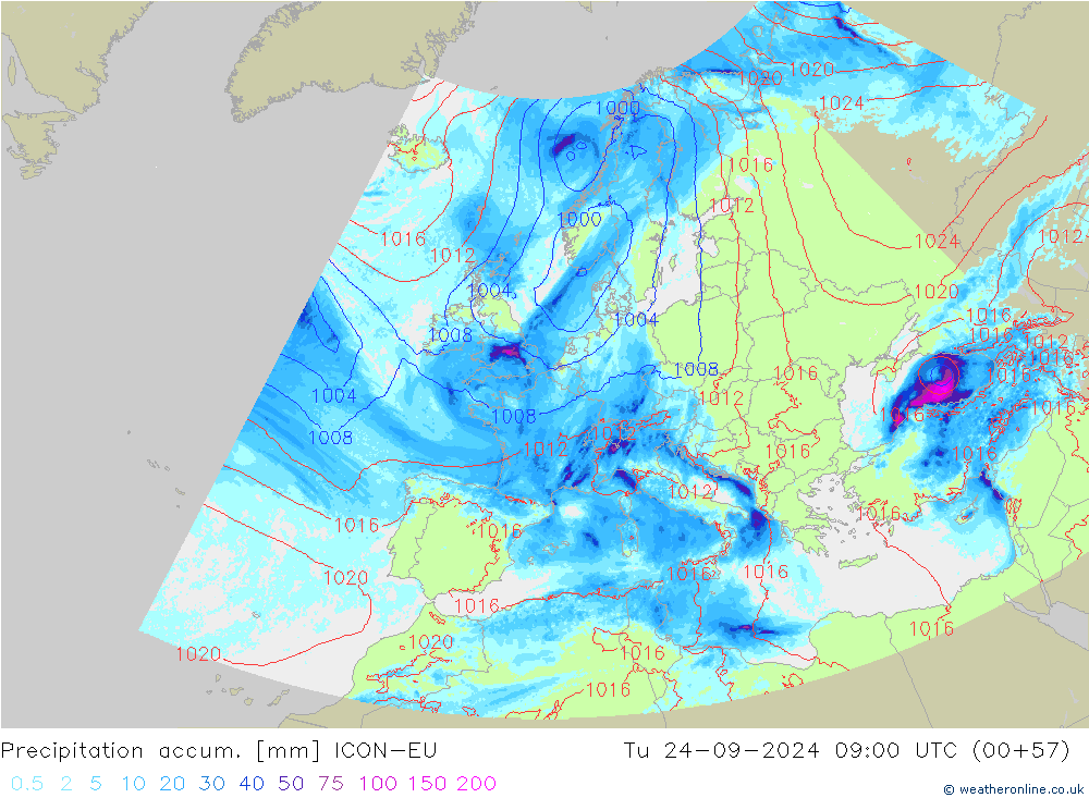 Toplam Yağış ICON-EU Sa 24.09.2024 09 UTC