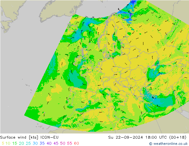 Surface wind ICON-EU Su 22.09.2024 18 UTC