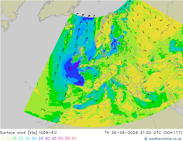 Vento 10 m ICON-EU gio 26.09.2024 21 UTC