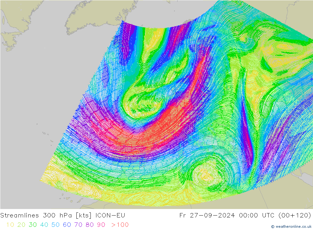 Stromlinien 300 hPa ICON-EU Fr 27.09.2024 00 UTC