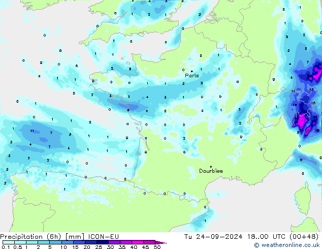 Totale neerslag (6h) ICON-EU di 24.09.2024 00 UTC