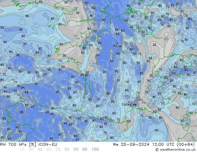 RH 700 гПа ICON-EU ср 25.09.2024 12 UTC