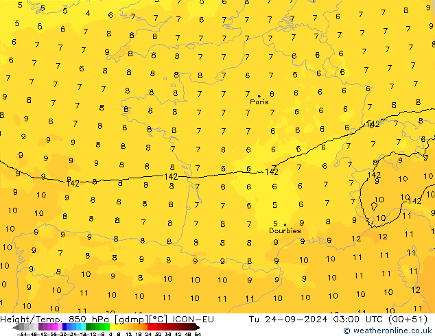 Hoogte/Temp. 850 hPa ICON-EU di 24.09.2024 03 UTC