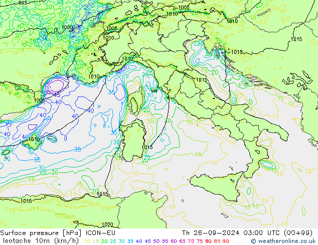 Isotachs (kph) ICON-EU Th 26.09.2024 03 UTC