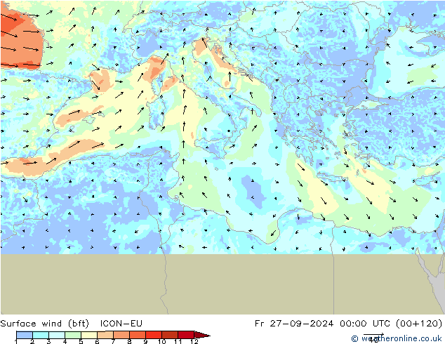 Wind 10 m (bft) ICON-EU vr 27.09.2024 00 UTC