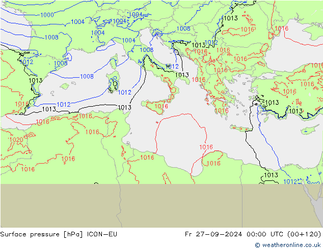 Surface pressure ICON-EU Fr 27.09.2024 00 UTC