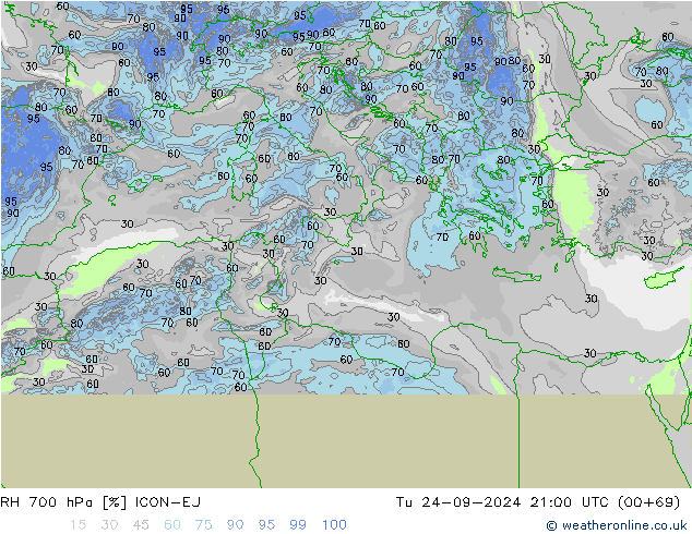 RH 700 гПа ICON-EU вт 24.09.2024 21 UTC