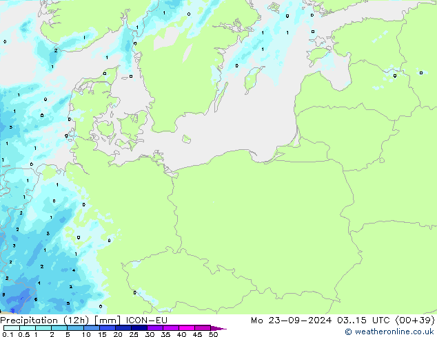 Totale neerslag (12h) ICON-EU ma 23.09.2024 15 UTC