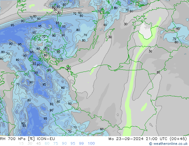 RH 700 гПа ICON-EU пн 23.09.2024 21 UTC