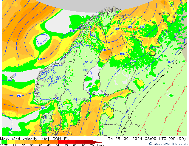 Max. wind snelheid ICON-EU do 26.09.2024 03 UTC