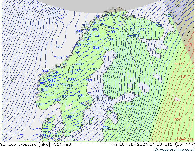 Yer basıncı ICON-EU Per 26.09.2024 21 UTC