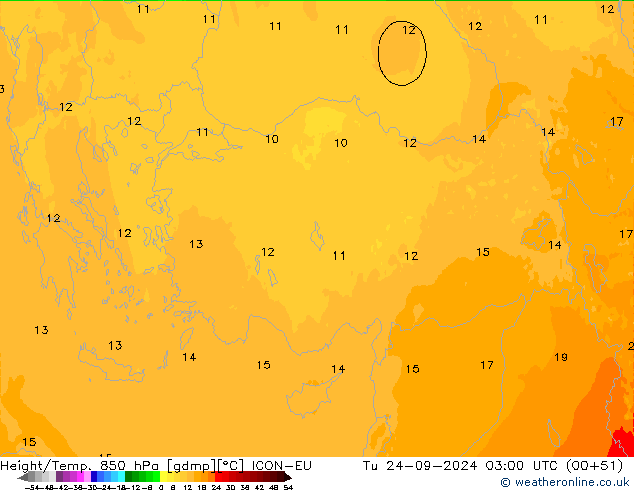 Height/Temp. 850 hPa ICON-EU Út 24.09.2024 03 UTC