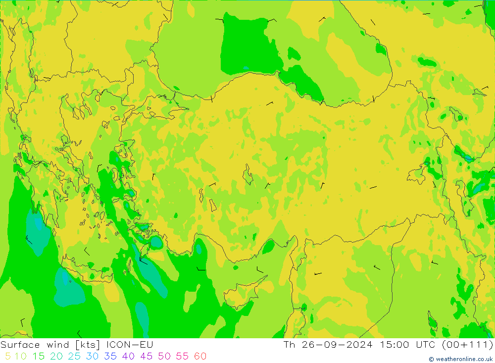 Surface wind ICON-EU Čt 26.09.2024 15 UTC