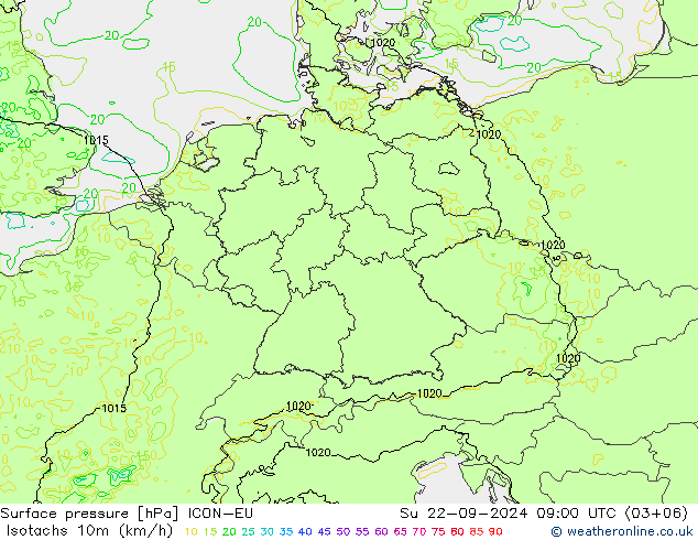 Isotachs (kph) ICON-EU Su 22.09.2024 09 UTC