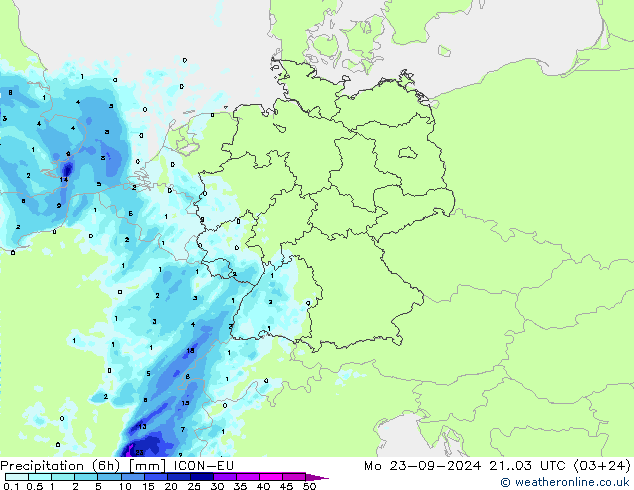 Totale neerslag (6h) ICON-EU ma 23.09.2024 03 UTC