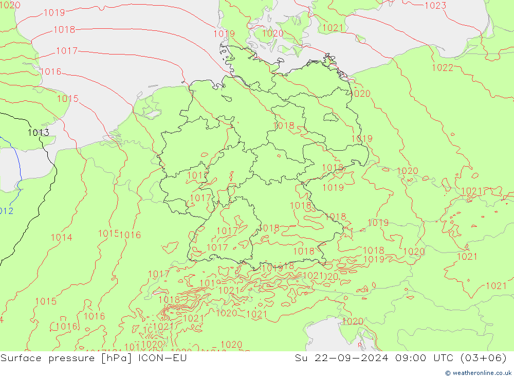 pressão do solo ICON-EU Dom 22.09.2024 09 UTC