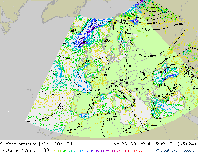 Isotachs (kph) ICON-EU Mo 23.09.2024 03 UTC