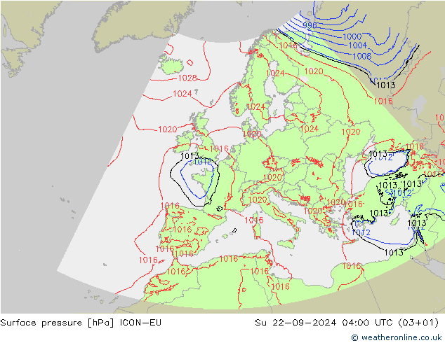 Surface pressure ICON-EU Su 22.09.2024 04 UTC