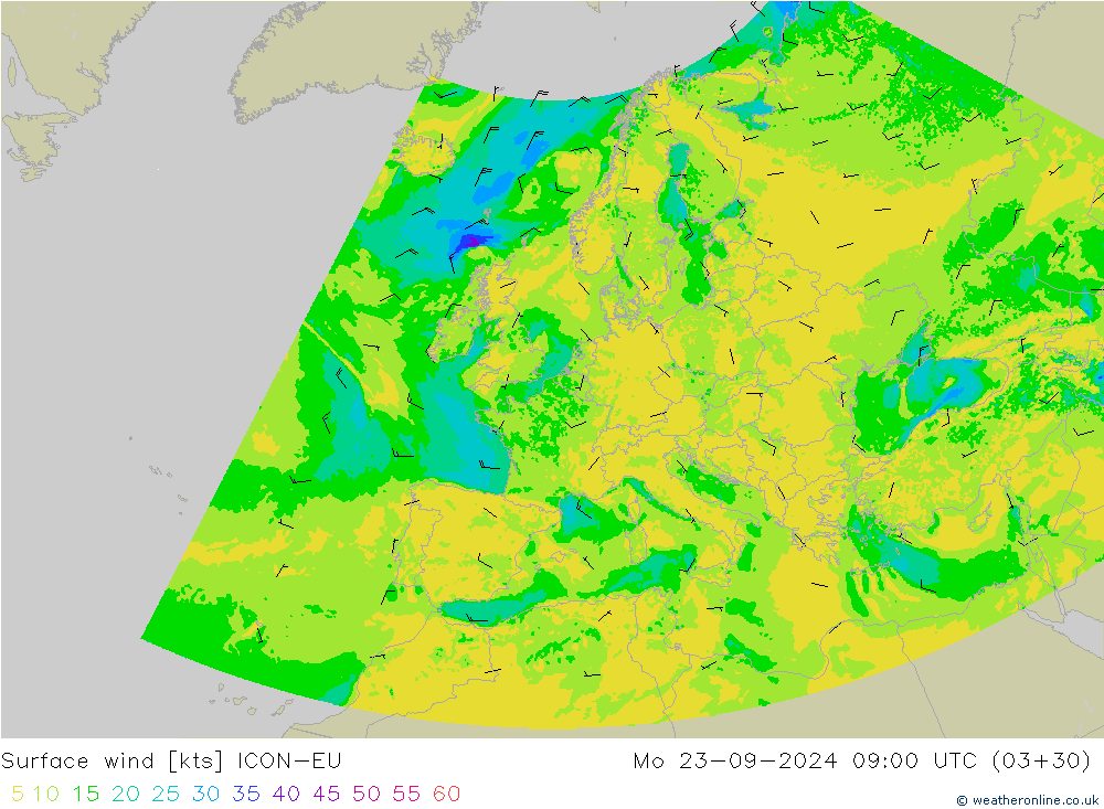 ветер 10 m ICON-EU пн 23.09.2024 09 UTC