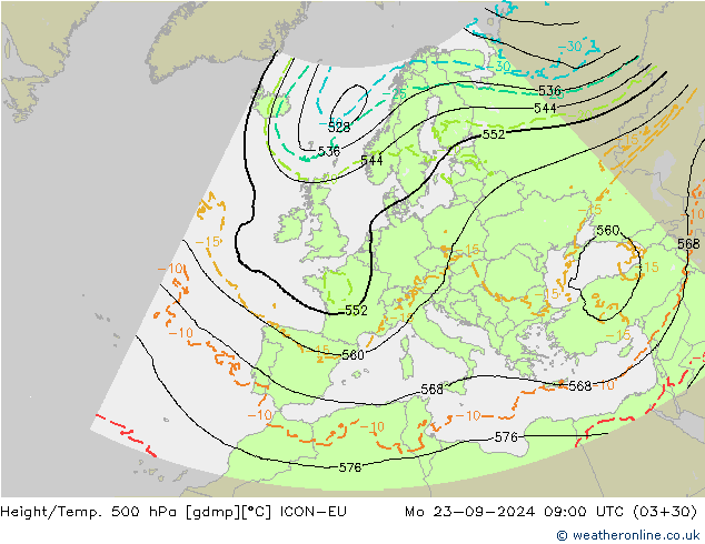 Height/Temp. 500 hPa ICON-EU Seg 23.09.2024 09 UTC