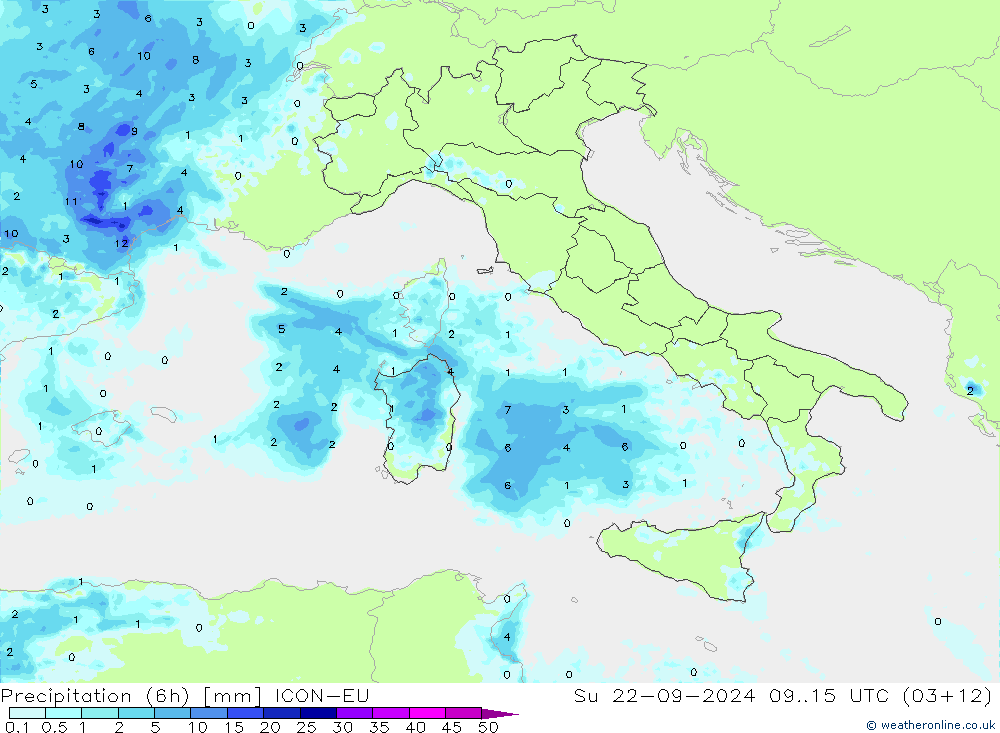 Totale neerslag (6h) ICON-EU zo 22.09.2024 15 UTC