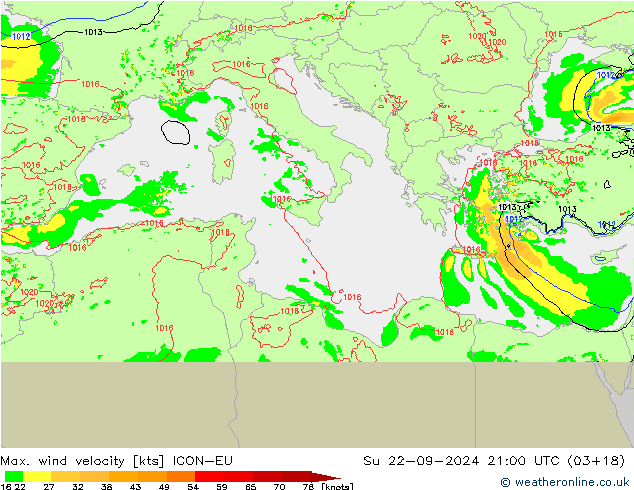 Max. wind velocity ICON-EU Su 22.09.2024 21 UTC