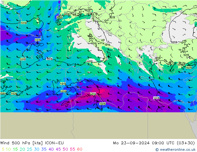 Rüzgar 500 hPa ICON-EU Pzt 23.09.2024 09 UTC