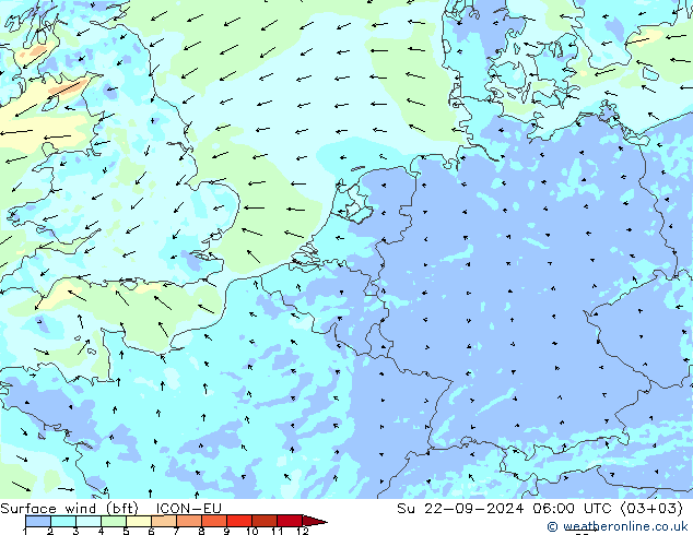 �N 10 米 (bft) ICON-EU 星期日 22.09.2024 06 UTC