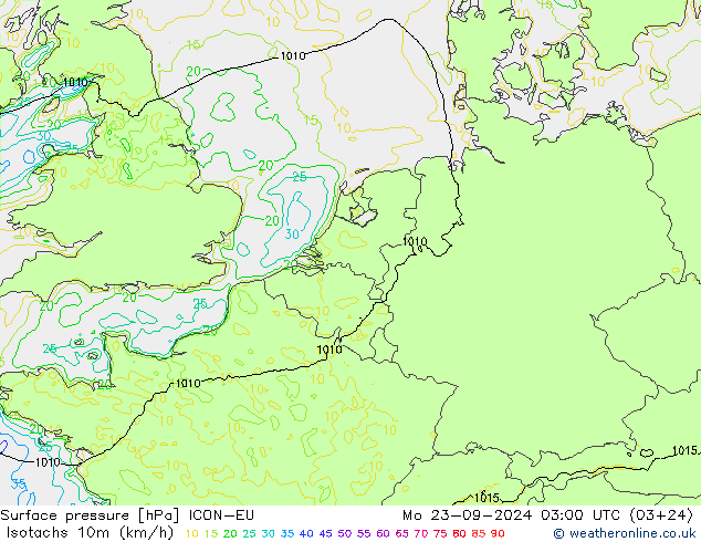 Isotachs (kph) ICON-EU Po 23.09.2024 03 UTC