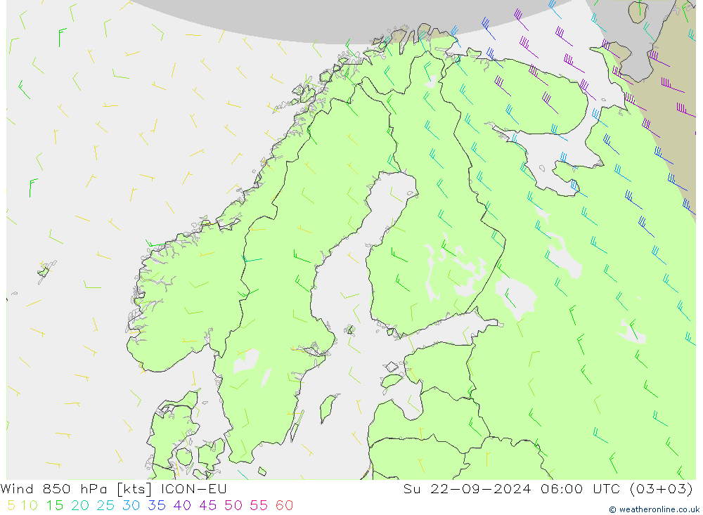 Wind 850 hPa ICON-EU Su 22.09.2024 06 UTC