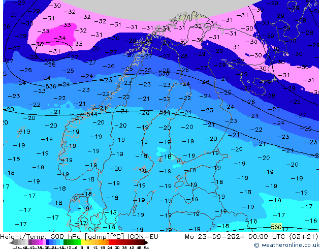 Height/Temp. 500 hPa ICON-EU Seg 23.09.2024 00 UTC