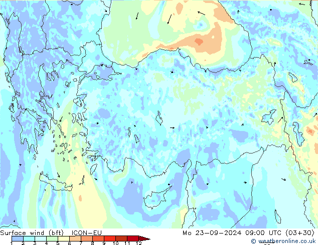 Surface wind (bft) ICON-EU Po 23.09.2024 09 UTC