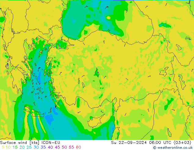 Surface wind ICON-EU Su 22.09.2024 06 UTC