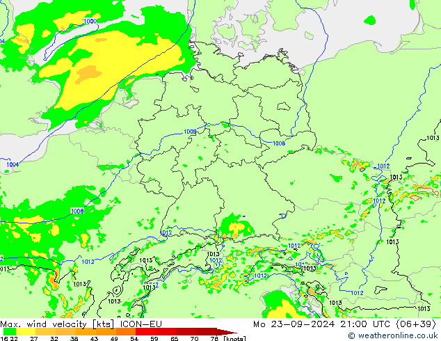 Max. wind snelheid ICON-EU ma 23.09.2024 21 UTC