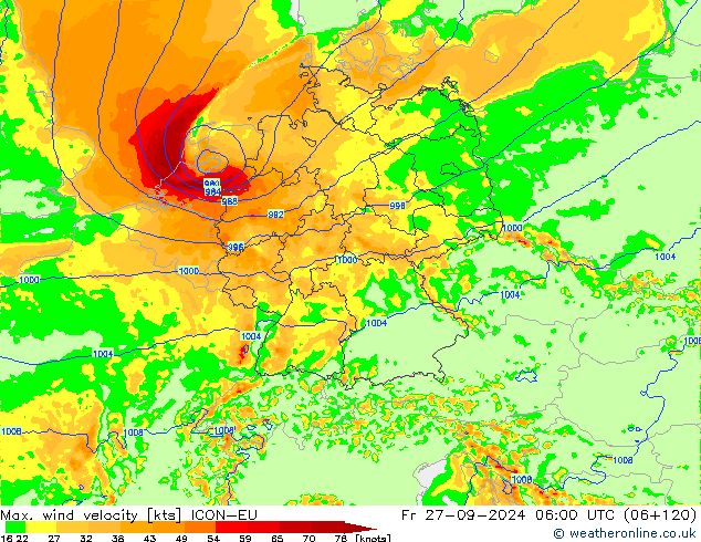 Max. wind velocity ICON-EU Sex 27.09.2024 06 UTC