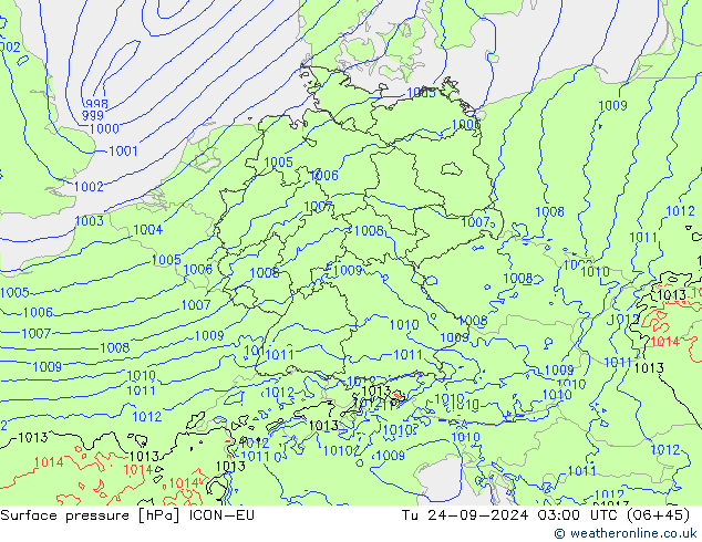 Atmosférický tlak ICON-EU Út 24.09.2024 03 UTC