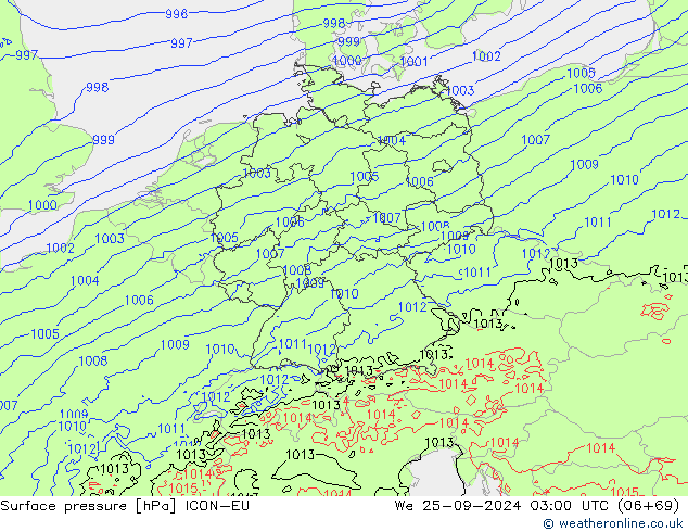 Pressione al suolo ICON-EU mer 25.09.2024 03 UTC