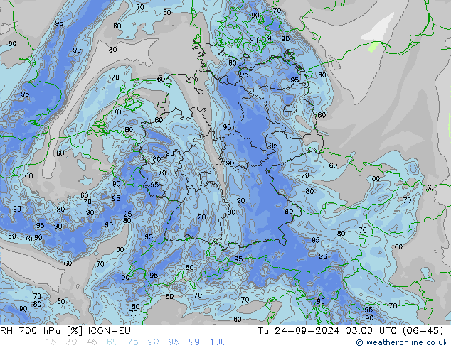 RH 700 hPa ICON-EU mar 24.09.2024 03 UTC