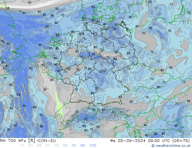 RH 700 hPa ICON-EU mer 25.09.2024 09 UTC