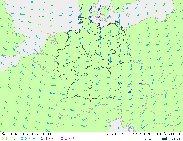 Wind 500 hPa ICON-EU Út 24.09.2024 09 UTC