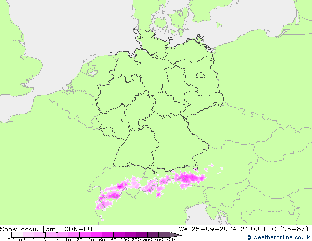 Snow accu. ICON-EU We 25.09.2024 21 UTC