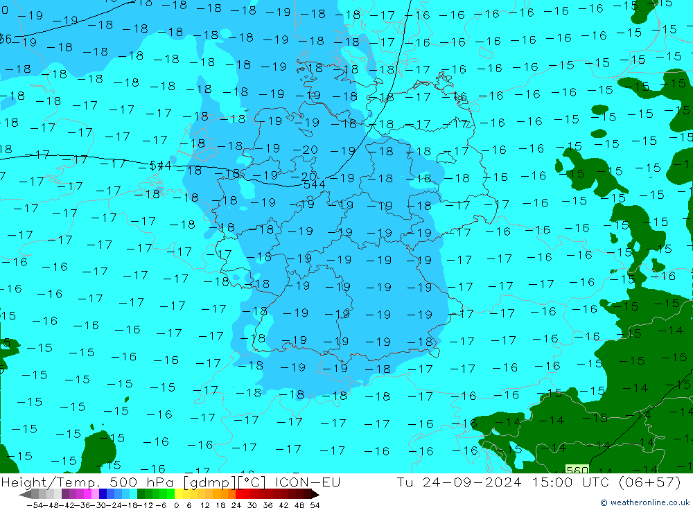 Height/Temp. 500 hPa ICON-EU Út 24.09.2024 15 UTC