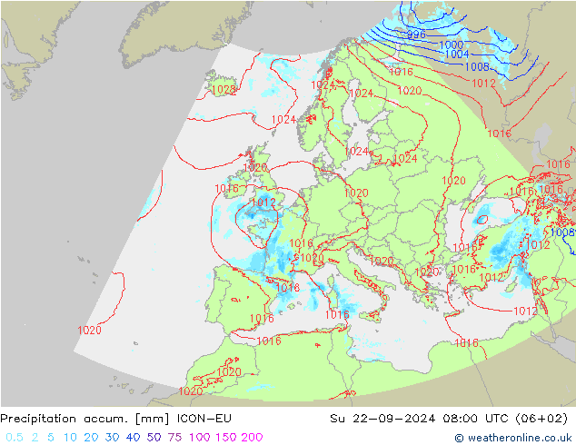 Precipitation accum. ICON-EU Su 22.09.2024 08 UTC