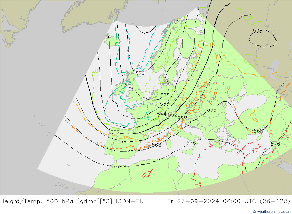 Hoogte/Temp. 500 hPa ICON-EU vr 27.09.2024 06 UTC