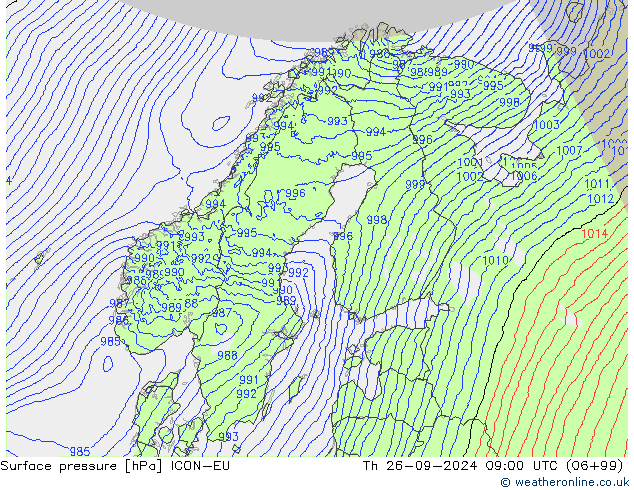 Atmosférický tlak ICON-EU Čt 26.09.2024 09 UTC